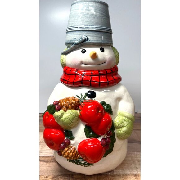 Hallmark Snowman Holiday Cookie Jar Ceramic Metal Bucket Hat Large - Picture 3 of 6